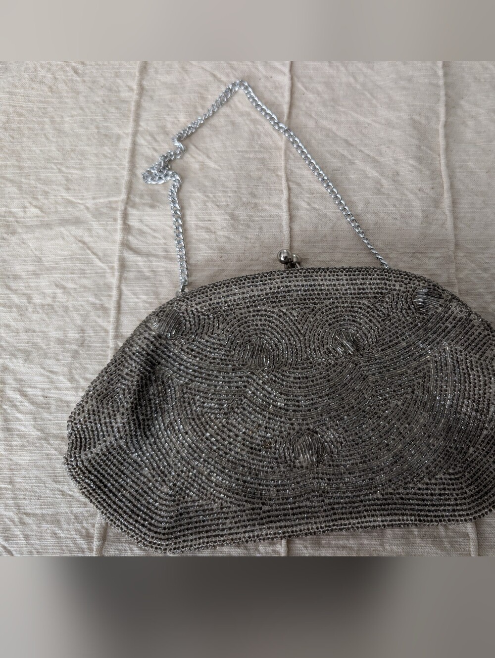 Vintage Silver Beaded Clutch with Chain Strap